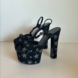 Saint Laurent Black Platform Slingback Heels with Silver Stars